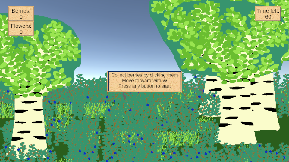 Berry-picking scene with layered birches and bushes, resource counters, a timer, and starting instructions.